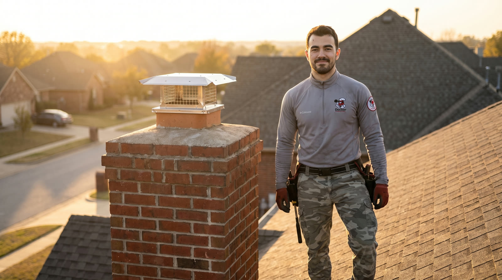 The Doctor Chimney Sweep technician on a rooftop at golden hour beside a restored chimney