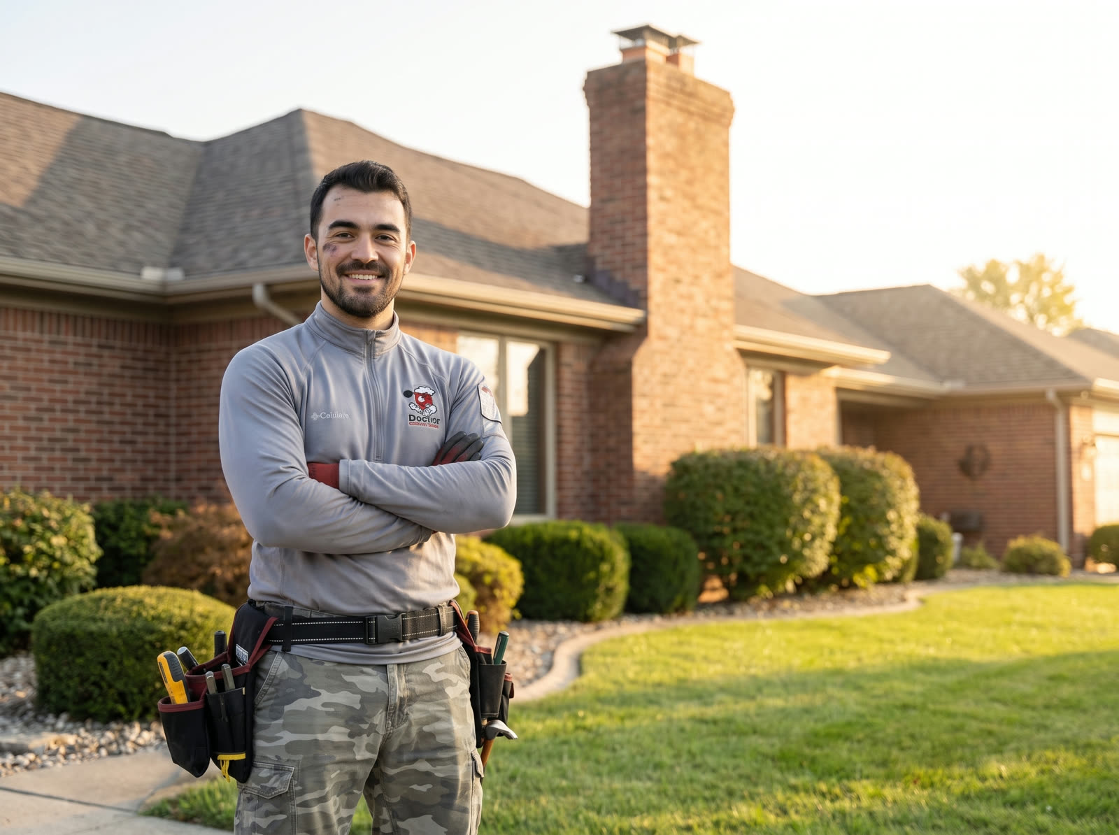 The Doctor Chimney Sweep owner in branded uniform in front of a Tulsa home