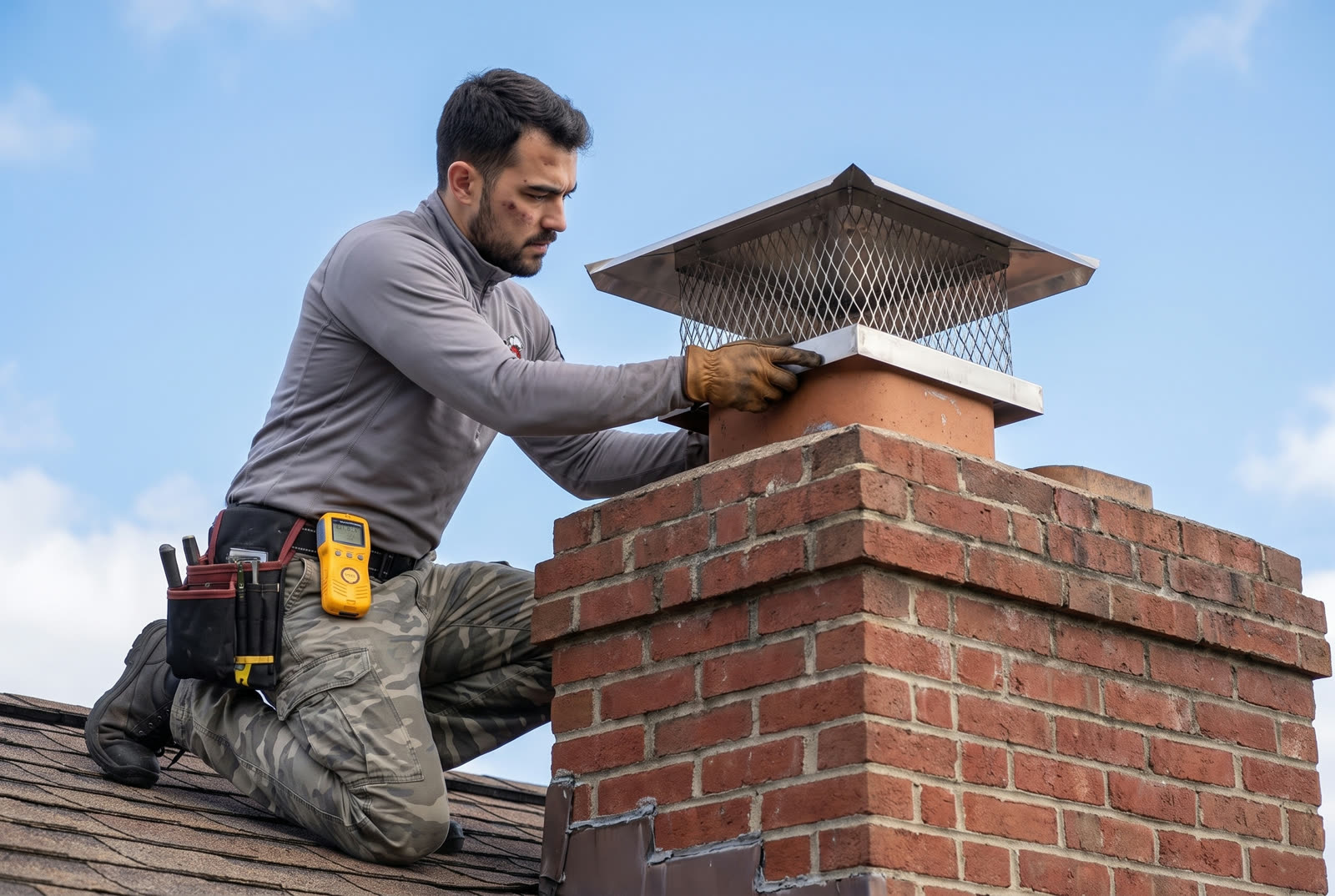 Doctor Chimney Sweep technician fitting a stainless chimney cap