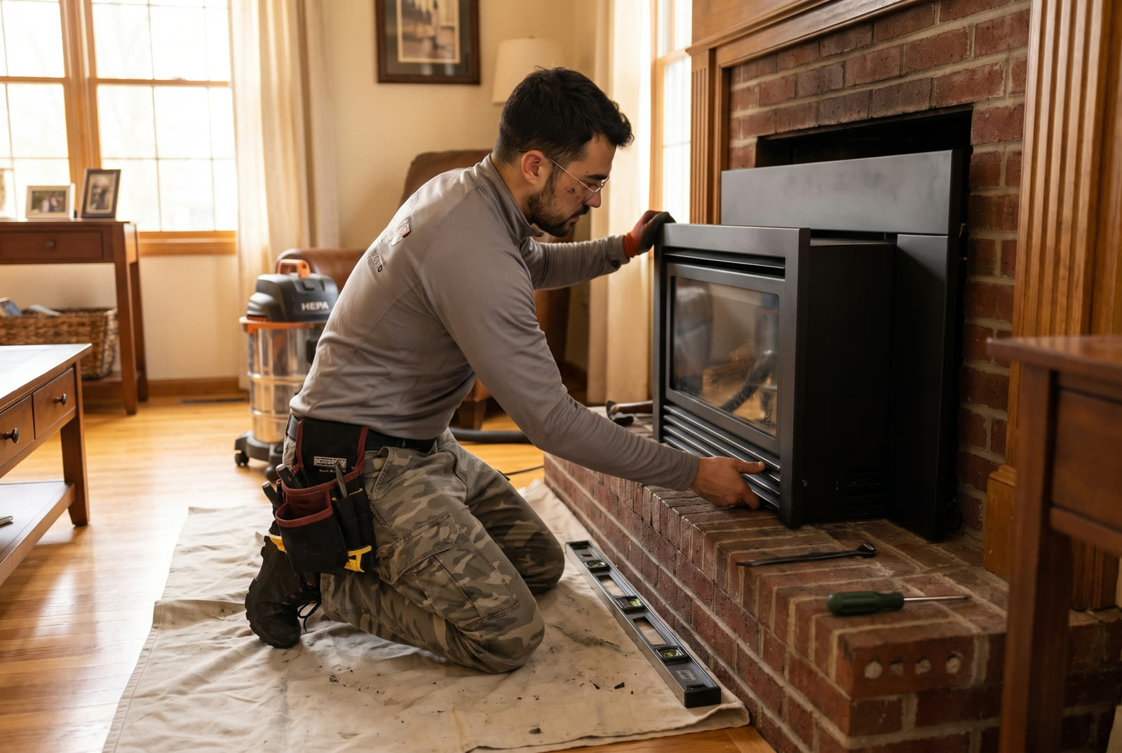 Doctor Chimney Sweep technician installing a gas fireplace insert