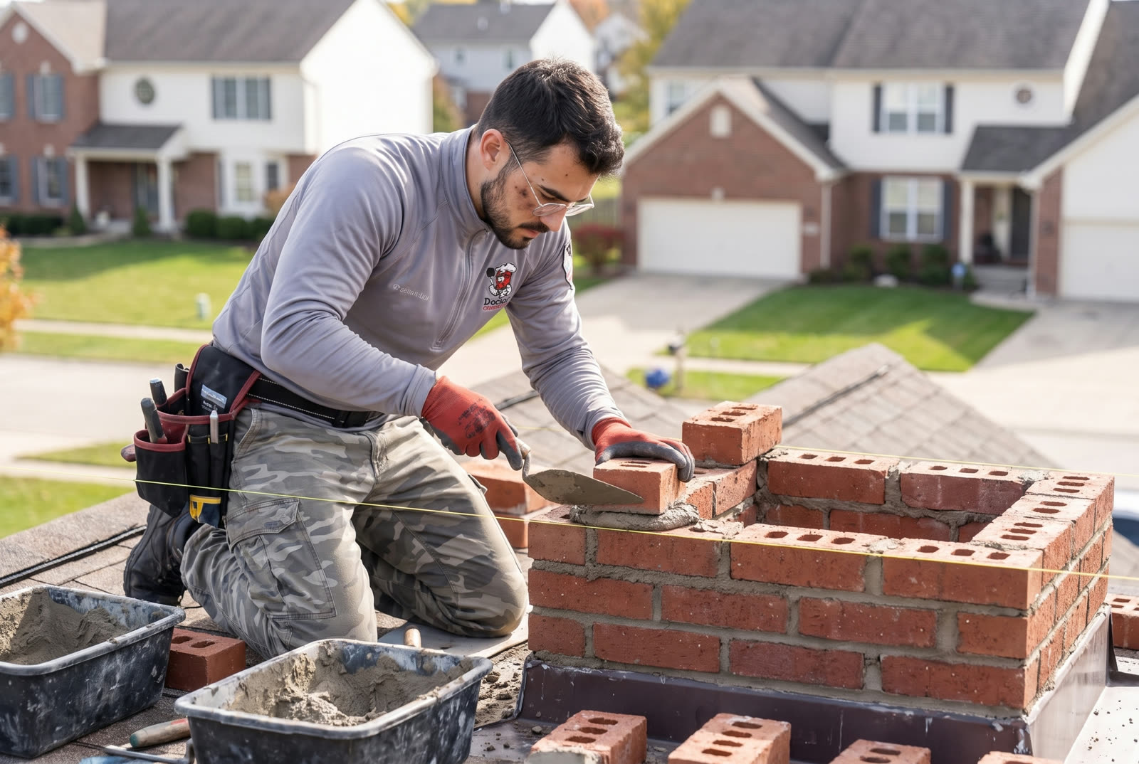 Doctor Chimney Sweep technician laying brick on a chimney rebuild