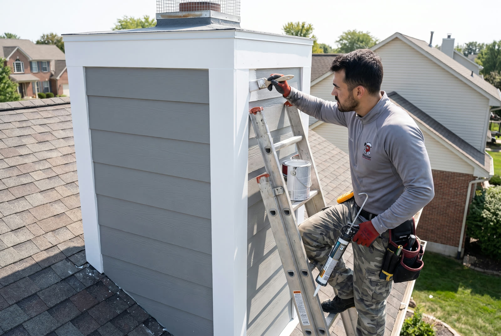 Doctor Chimney Sweep technician finishing trim on a chimney chase
