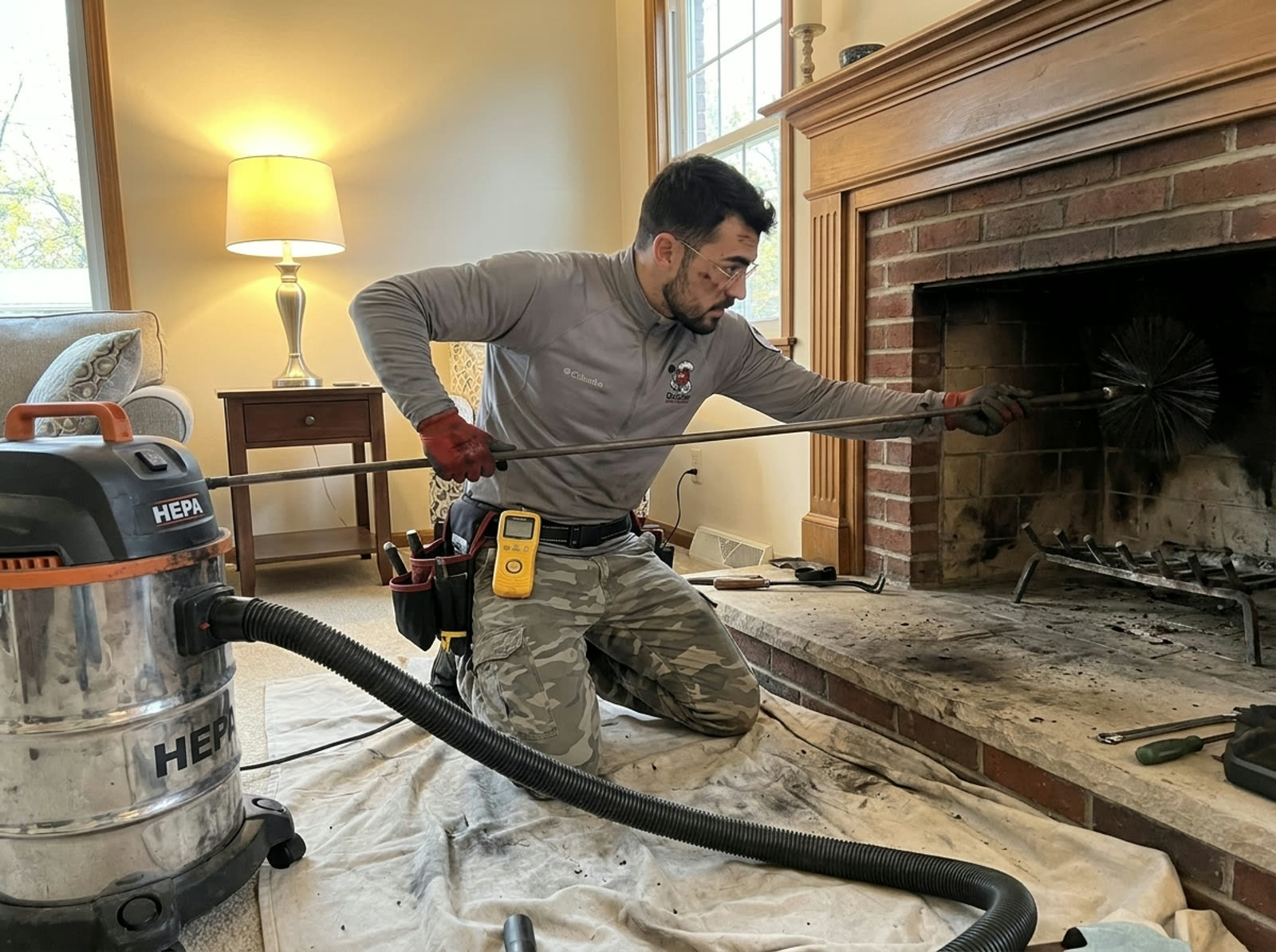 Doctor Chimney Sweep technician sweeping a fireplace flue with HEPA vacuum